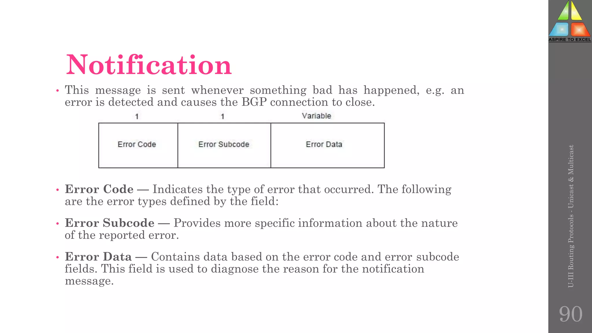 Notification
• This message is sent whenever something bad has happened, e.g. an
error is detected and causes the BGP connection to close.
• Error Code — Indicates the type of error that occurred. The following
are the error types defined by the field:
• Error Subcode — Provides more specific information about the nature
of the reported error.
• Error Data — Contains data based on the error code and error subcode
fields. This field is used to diagnose the reason for the notification
message.
U-III
Routing
Protocols
-
Unicast
&
Multicast
90
 