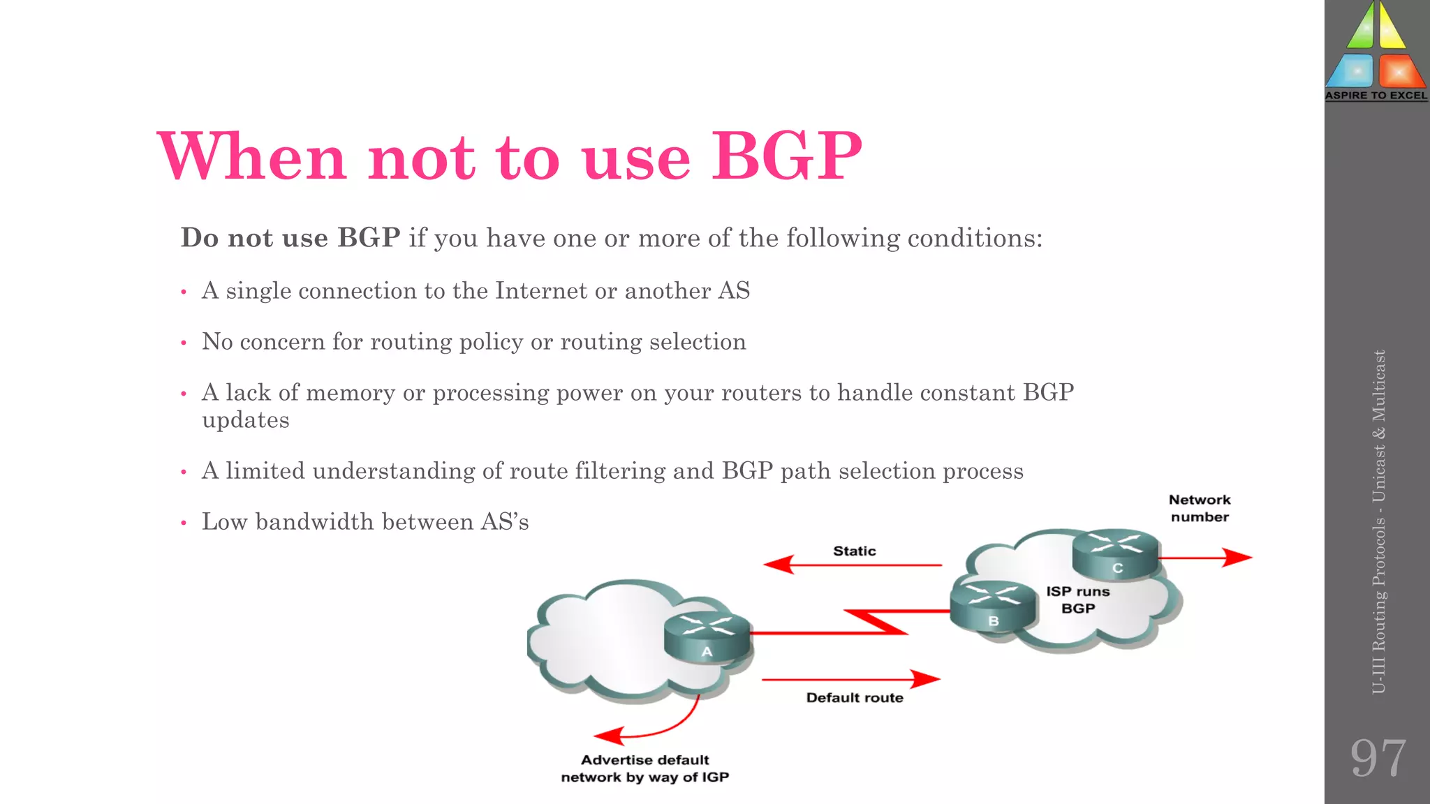 When not to use BGP
Do not use BGP if you have one or more of the following conditions:
• A single connection to the Internet or another AS
• No concern for routing policy or routing selection
• A lack of memory or processing power on your routers to handle constant BGP
updates
• A limited understanding of route filtering and BGP path selection process
• Low bandwidth between AS’s
U-III
Routing
Protocols
-
Unicast
&
Multicast
97
 