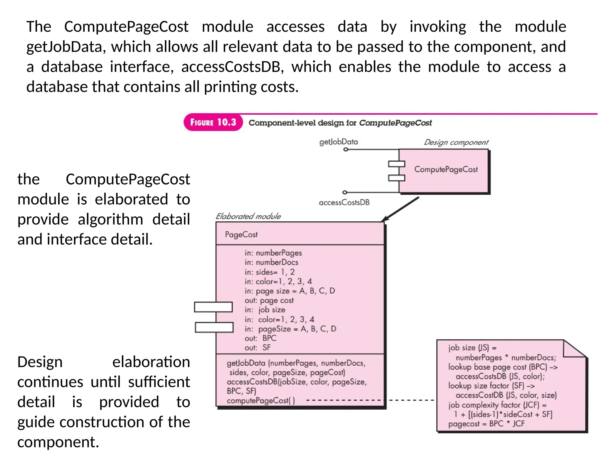 The ComputePageCost module accesses data by invoking the module
getJobData, which allows all relevant data to be passed to the component, and
a database interface, accessCostsDB, which enables the module to access a
database that contains all printing costs.
the ComputePageCost
module is elaborated to
provide algorithm detail
and interface detail.
Design elaboration
continues until sufficient
detail is provided to
guide construction of the
component.
 