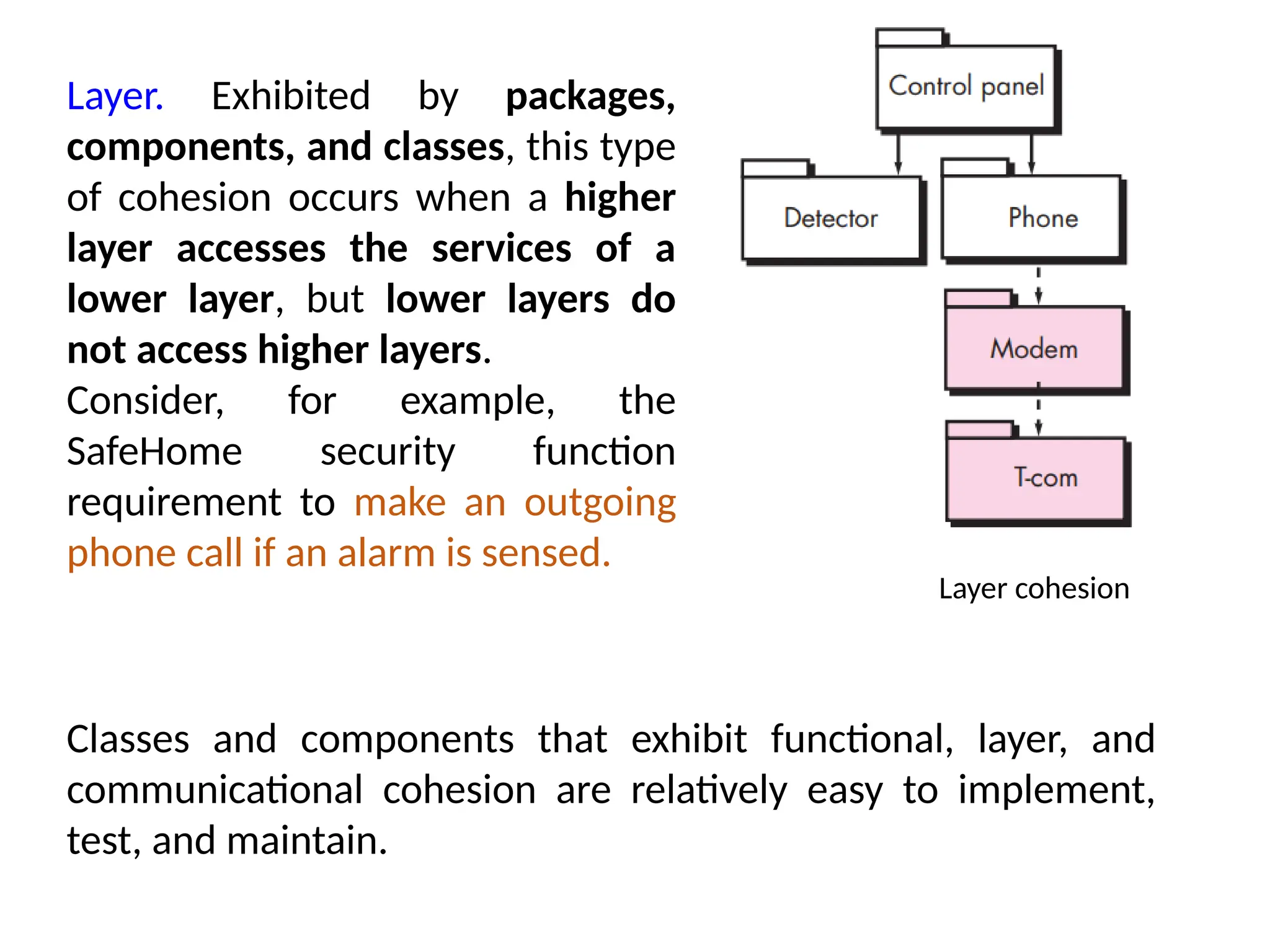 Layer. Exhibited by packages,
components, and classes, this type
of cohesion occurs when a higher
layer accesses the services of a
lower layer, but lower layers do
not access higher layers.
Consider, for example, the
SafeHome security function
requirement to make an outgoing
phone call if an alarm is sensed.
Classes and components that exhibit functional, layer, and
communicational cohesion are relatively easy to implement,
test, and maintain.
Layer cohesion
 