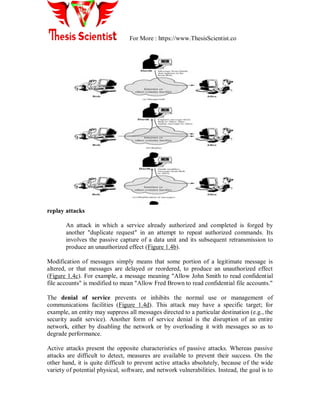 For More : https://www.ThesisScientist.co
replay attacks
An attack in which a service already authorized and completed is forged by
another "duplicate request" in an attempt to repeat authorized commands. Its
involves the passive capture of a data unit and its subsequent retransmission to
produce an unauthorized effect (Figure 1.4b).
Modification of messages simply means that some portion of a legitimate message is
altered, or that messages are delayed or reordered, to produce an unauthorized effect
(Figure 1.4c). For example, a message meaning "Allow John Smith to read confidential
file accounts" is modified to mean "Allow Fred Brown to read confidential file accounts."
The denial of service prevents or inhibits the normal use or management of
communications facilities (Figure 1.4d). This attack may have a specific target; for
example, an entity may suppress all messages directed to a particular destination (e.g., the
security audit service). Another form of service denial is the disruption of an entire
network, either by disabling the network or by overloading it with messages so as to
degrade performance.
Active attacks present the opposite characteristics of passive attacks. Whereas passive
attacks are difficult to detect, measures are available to prevent their success. On the
other hand, it is quite difficult to prevent active attacks absolutely, because of the wide
variety of potential physical, software, and network vulnerabilities. Instead, the goal is to
 