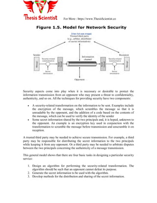 For More : https://www.ThesisScientist.co
Security aspects come into play when it is necessary or desirable to protect the
information transmission from an opponent who may present a threat to confidentiality,
authenticity, and so on. All the techniques for providing security have two components:
 A security-related transformation on the information to be sent. Examples include
the encryption of the message, which scrambles the message so that it is
unreadable by the opponent, and the addition of a code based on the contents of
the message, which can be used to verify the identity of the sender
 Some secret information shared by the two principals and, it is hoped, unknown to
the opponent. An example is an encryption key used in conjunction with the
transformation to scramble the message before transmission and unscramble it on
reception.
A trusted third party may be needed to achieve secure transmission. For example, a third
party may be responsible for distributing the secret information to the two principals
while keeping it from any opponent. Or a third party may be needed to arbitrate disputes
between the two principals concerning the authenticity of a message transmission.
This general model shows that there are four basic tasks in designing a particular security
service:
1. Design an algorithm for performing the security-related transformation. The
algorithm should be such that an opponent cannot defeat its purpose.
2. Generate the secret information to be used with the algorithm.
3. Develop methods for the distribution and sharing of the secret information.
 