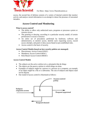 For More : https://www.ThesisScientist.co
access, the second line of defense consists of a variety of internal controls that monitor
activity and analyze stored information in an attempt to detect the presence of unwanted
intruders.
Access Control and Monitoring
What is access control?
 The ability to allow only authorized users, programs or processes system or
resource access
 The granting or denying, according to a particular security model, of certain
permissions to access a resource
 An entire set of procedures performed by hardware, software and
administrators, to monitor access, identify users requesting access, record
access attempts, and grant or deny access based on pre-established rules.
 Access control is the heart of security
Access Control Models (based on how security policies are managed)
 Discretionary Access Control (DAC)
 Mandatory Access Control (MAC)
 Role-Based Access Control (RBAC)
Access Control Models
 The subjects are the active entities (a.k.a. principals) that do things
 The objects are the passive entities to which things are done.
 Examples of subjects might be a person or a process on a computer, an example
of an object might be a file or a subroutine. The sets of subjects and objects need
not be disjoint.
 Our model of access control is illustrated as follows:
 