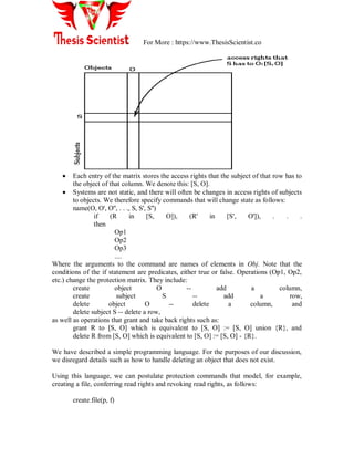 For More : https://www.ThesisScientist.co
 Each entry of the matrix stores the access rights that the subject of that row has to
the object of that column. We denote this: [S, O].
 Systems are not static, and there will often be changes in access rights of subjects
to objects. We therefore specify commands that will change state as follows:
name(O, O', O'', . . ., S, S', S'')
if (R in [S, O]), (R' in [S', O']), . . .
then
Op1
Op2
Op3
....
Where the arguments to the command are names of elements in Obj. Note that the
conditions of the if statement are predicates, either true or false. Operations (Op1, Op2,
etc.) change the protection matrix. They include:
create object O -- add a column,
create subject S -- add a row,
delete object O -- delete a column, and
delete subject S -- delete a row,
as well as operations that grant and take back rights such as:
grant R to [S, O] which is equivalent to [S, O] := [S, O] union {R}, and
delete R from [S, O] which is equivalent to [S, O] := [S, O] - {R}.
We have described a simple programming language. For the purposes of our discussion,
we disregard details such as how to handle deleting an object that does not exist.
Using this language, we can postulate protection commands that model, for example,
creating a file, conferring read rights and revoking read rights, as follows:
create.file(p, f)
 