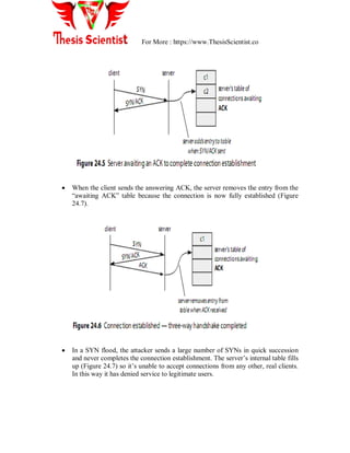 For More : https://www.ThesisScientist.co
 When the client sends the answering ACK, the server removes the entry from the
“awaiting ACK” table because the connection is now fully established (Figure
24.7).
 In a SYN flood, the attacker sends a large number of SYNs in quick succession
and never completes the connection establishment. The server‟s internal table fills
up (Figure 24.7) so it‟s unable to accept connections from any other, real clients.
In this way it has denied service to legitimate users.
 