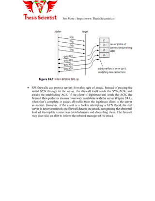 For More : https://www.ThesisScientist.co
 SPI firewalls can protect servers from this type of attack. Instead of passing the
initial SYN through to the server, the firewall itself sends the SYN/ACK, and
awaits the establishing ACK. If the client is legitimate and sends the ACK, the
firewall then performs its own three-way handshake with the server (Figure 24.8);
when that‟s complete, it passes all traffic from the legitimate client to the server
as normal. However, if the client is a hacker attempting a SYN flood, the real
server is never contacted; the firewall detects the attack, recognizing the abnormal
load of incomplete connection establishments and discarding them. The firewall
may also raise an alert to inform the network manager of the attack
 
