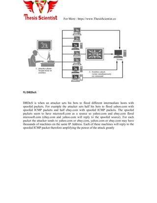 For More : https://www.ThesisScientist.co
9) DRDoS
DRDoS is when an attacker sets his bots to flood different intermediate hosts with
spoofed packets. For example the attacker sets half his bots to flood yahoo.com with
spoofed ICMP packets and half ebay.com with spoofed ICMP packets. The spoofed
packets seem to have microsoft.com as a source so yahoo.com and ebay.com flood
microsoft.com (ebay.com and yahoo.com will reply to the spoofed source). For each
packet the attacker sends to yahoo.com or ebay.com, yahoo.com or ebay.com may have
thousands of machines on the same IP Address. Each of these machines will reply to the
spoofed ICMP packet therefore amplifying the power of the attack greatly
 