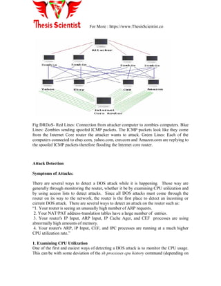 For More : https://www.ThesisScientist.co
Fig DRDoS- Red Lines: Connection from attacker computer to zombies computers. Blue
Lines: Zombies sending spoofed ICMP packets. The ICMP packets look like they come
from the Internet Core router the attacker wants to attack. Green Lines: Each of the
computers connected to ebay.com, yahoo.com, cnn.com and Amazon.com are replying to
the spoofed ICMP packets therefore flooding the Internet core router.
Attack Detection
Symptoms of Attacks:
There are several ways to detect a DOS attack while it is happening. Those way are
generally through monitoring the router, whether it be by examining CPU utilization and
by using access lists to detect attacks. Since all DOS attacks must come through the
router on its way to the network, the router is the first place to detect an incoming or
current DOS attack. There are several ways to detect an attack on the router such as:
“1. Your router is seeing an unusually high number of ARP requests.
2. Your NAT/PAT address-translation tables have a large number of entries.
3. Your router's IP Input, ARP Input, IP Cache Ager, and CEF processes are using
abnormally high amounts of memory.
4. Your router's ARP, IP Input, CEF, and IPC processes are running at a much higher
CPU utilization rate.”
1. Examining CPU Utilization
One of the first and easiest ways of detecting a DOS attack is to monitor the CPU usage.
This can be with some deviation of the sh processes cpu history command (depending on
 