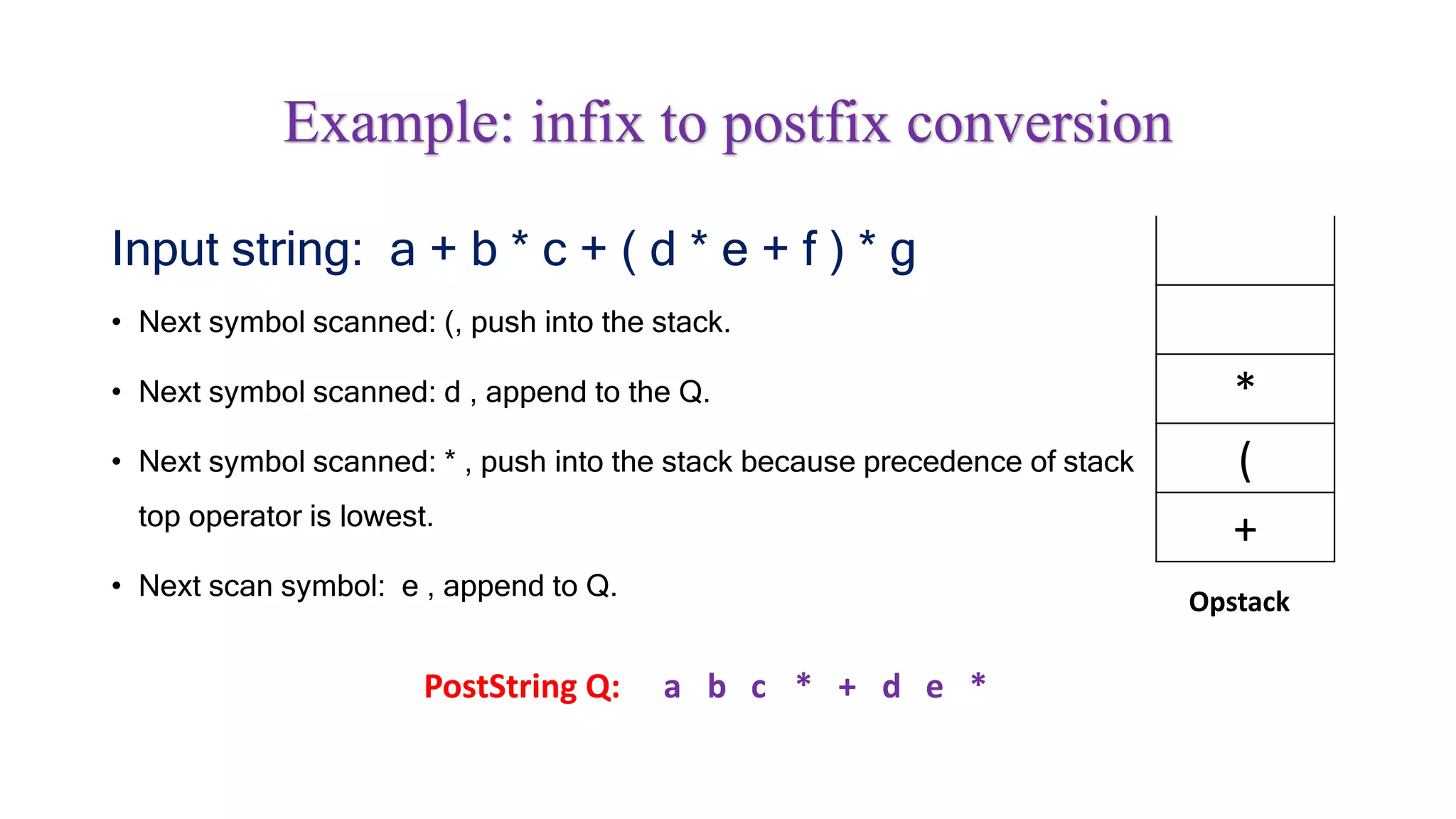 Input string: a + b * c + ( d * e + f ) * g
• Next symbol scanned: (, push into the stack.
• Next symbol scanned: d , append to the Q.
• Next symbol scanned: * , push into the stack because precedence of stack
top operator is lowest.
• Next scan symbol: e , append to Q.
Example: infix to postfix conversion
*
(
+
Opstack
PostString Q: a b c * + d e *
 