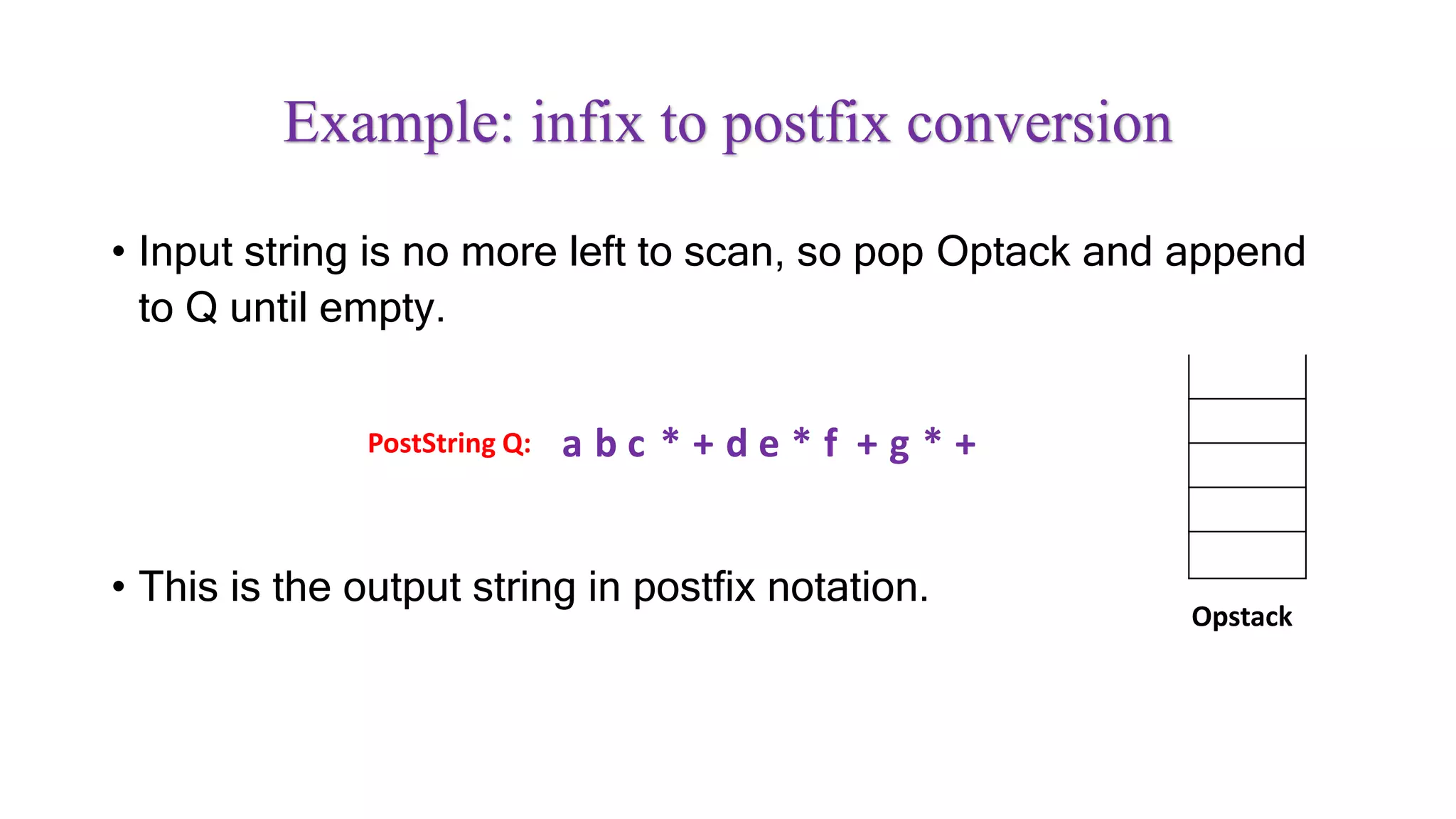 • Input string is no more left to scan, so pop Optack and append
to Q until empty.
• This is the output string in postfix notation.
Example: infix to postfix conversion
PostString Q: a b c * + d e * f + g * +
Opstack
 