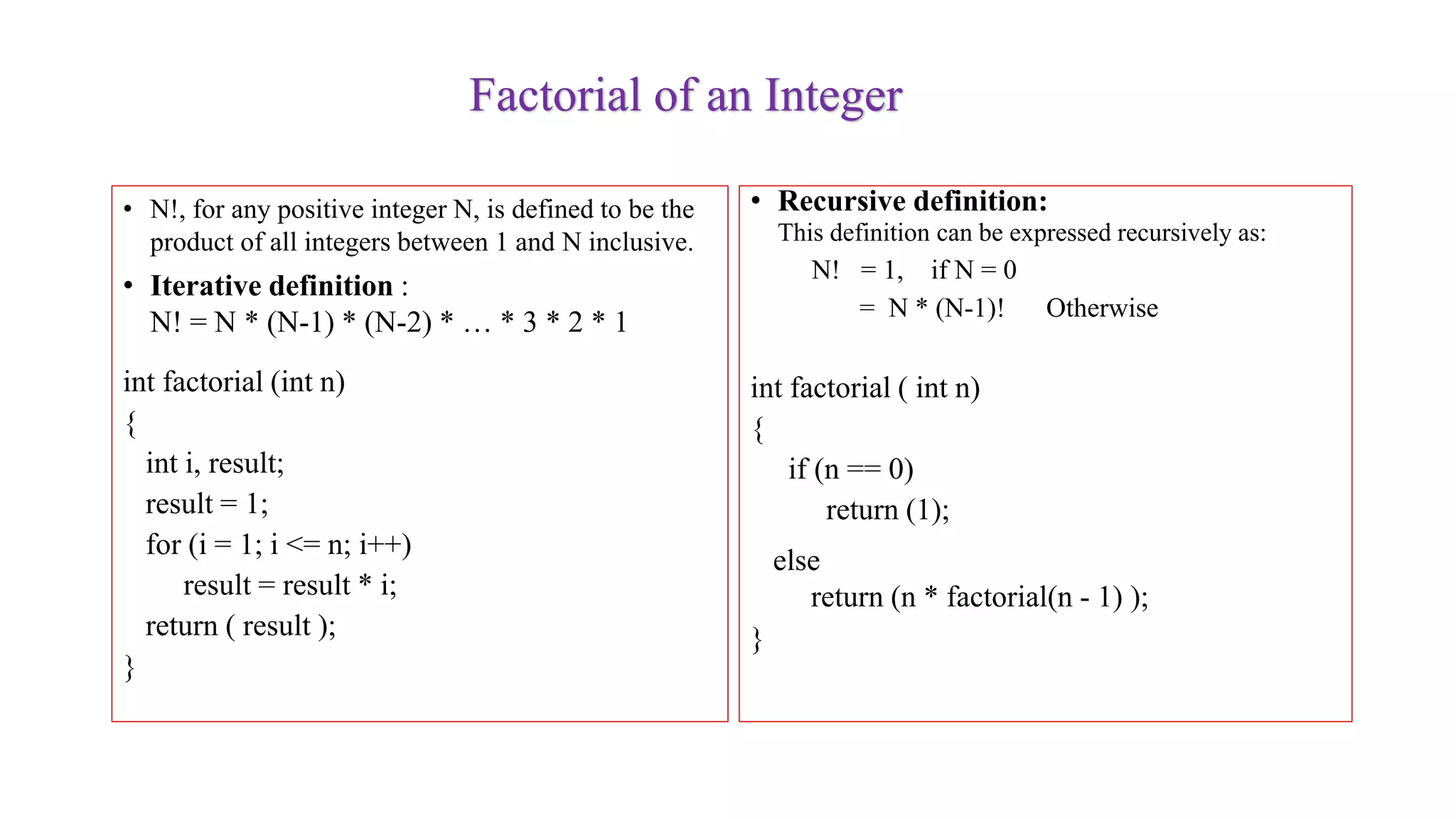 Factorial of an Integer
• N!, for any positive integer N, is defined to be the
product of all integers between 1 and N inclusive.
• Iterative definition :
N! = N * (N-1) * (N-2) * … * 3 * 2 * 1
int factorial (int n)
{
int i, result;
result = 1;
for (i = 1; i <= n; i++)
result = result * i;
return ( result );
}
• Recursive definition:
This definition can be expressed recursively as:
N! = 1, if N = 0
= N * (N-1)! Otherwise
int factorial ( int n)
{
if (n == 0)
return (1);
else
return (n * factorial(n - 1) );
}
 