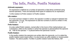 The Infix, Prefix, Postfix Notation
Arithmetic expression:
An expression is defined as a number of operands or data items combined using
several operators. There are basically three types of notations for an expression;
1) Infix notation 2) Prefix notation 3) Postfix notation
Infix notation:
It is most common notation in which, the operator is written or placed in-between the
two operands. For eg. The expression to add two numbers A and B is written in infix
notation as, A + B
Prefix Notation:
It is also called Polish notation, named after in the honor of the mathematician Jan
Lukasiewicz, refers to the notation in which the operator is placed before the operand
as, +AB As the operator ‘+’ is placed before the operands A and B,
Postfix Notation:
In the postfix notation the operators are written after the operands, so it is called the
postfix notation (post means after), it is also known as suffix notation or reverse polish
notation. The above postfix if written in postfix notation looks like follows; AB+
22
 