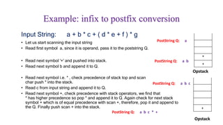 Input String: a + b * c + ( d * e + f ) * g
• Let us start scanning the input string
• Read first symbol a, since it is operand, pass it to the poststring Q.
• Read next symbol '+' and pushed into stack.
• Read next symbol b and append it to Q.
• Read next symbol i.e. * , check precedence of stack top and scan
char push * into the stack.
• Read c from input string and append it to Q.
• Read next symbol +, check precedence with stack operators, we find that
* has higher precedence so pop * and append it to Q. Again check for next stack
symbol + which is of equal precedence with scan +, therefore, pop it and append to
the Q. Finally push scan + into the stack.
Example: infix to postfix conversion
*
+
Opstack
PostString Q: a b
PostString Q: a
PostString Q: a b c
PostString Q: a b c * +
+
Opstack
 