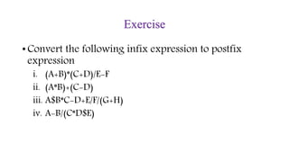 Exercise
• Convert the following infix expression to postfix
expression
i. (A+B)*(C+D)/E-F
ii. (A*B)+(C-D)
iii. A$B*C-D+E/F/(G+H)
iv. A-B/(C*D$E)
 