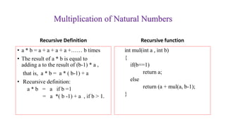 Multiplication of Natural Numbers
Recursive Definition
• a * b = a + a + a + a +…… b times
• The result of a * b is equal to
adding a to the result of (b-1) * a ,
that is, a * b = a * ( b-1) + a
• Recursive definition:
a * b = a if b =1
= a *( b -1) + a , if b > 1.
Recursive function
int mul(int a , int b)
{
if(b==1)
return a;
else
return (a + mul(a, b-1);
}
 