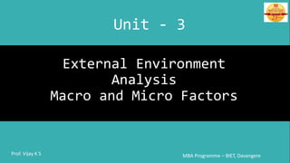 External Environment
Analysis
Macro and Micro Factors
MBA Programme – BIET, DavangereProf. Vijay K S
Unit - 3
 