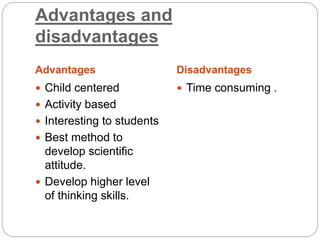 Advantages and
disadvantages
Advantages Disadvantages
 Child centered
 Activity based
 Interesting to students
 Best method to
develop scientific
attitude.
 Develop higher level
of thinking skills.
 Time consuming .
 