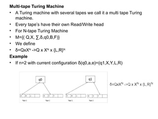 Multi-tape Turing Machine
• A Turing machine with several tapes we call it a multi tape Turing
machine.
• Every tape’s have their own Read/Write head
• For N-tape Turing Machine
• M={( Q,X, ∑,δ,q0,B,F)}
• We define
• δ=QxXN
->Q x XN
x {L,R}N
Example
• If n=2 with current configuration δ(q0,a,e)=(q1,X,Y,L,R)
 