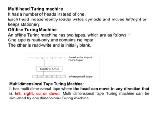 Multi-head Turing machine
It has a number of heads instead of one.
Each head independently reads/ writes symbols and moves left/right or
keeps stationery.
Off-line Turing Machine
An offline Turing machine has two tapes, which are as follows −
One tape is read-only and contains the input.
The other is read-write and is initially blank.
Multi-dimensional Tape Turing Machine:
It has multi-dimensional tape where the head can move in any direction that
is left, right, up or down. Multi dimensional tape Turing machine can be
simulated by one-dimensional Turing machine
 