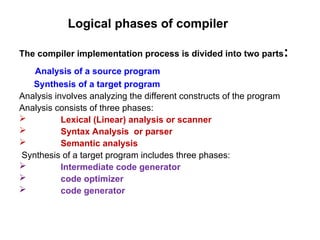 Logical phases of compiler
The compiler implementation process is divided into two parts:
Analysis of a source program
Synthesis of a target program
Analysis involves analyzing the different constructs of the program
Analysis consists of three phases:
 Lexical (Linear) analysis or scanner
 Syntax Analysis or parser
 Semantic analysis
Synthesis of a target program includes three phases:
 Intermediate code generator
 code optimizer
 code generator
 