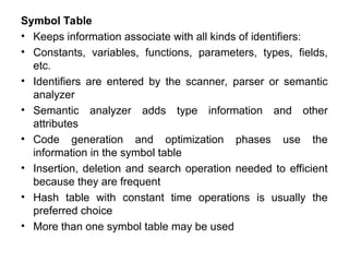 Symbol Table
• Keeps information associate with all kinds of identifiers:
• Constants, variables, functions, parameters, types, fields,
etc.
• Identifiers are entered by the scanner, parser or semantic
analyzer
• Semantic analyzer adds type information and other
attributes
• Code generation and optimization phases use the
information in the symbol table
• Insertion, deletion and search operation needed to efficient
because they are frequent
• Hash table with constant time operations is usually the
preferred choice
• More than one symbol table may be used
 