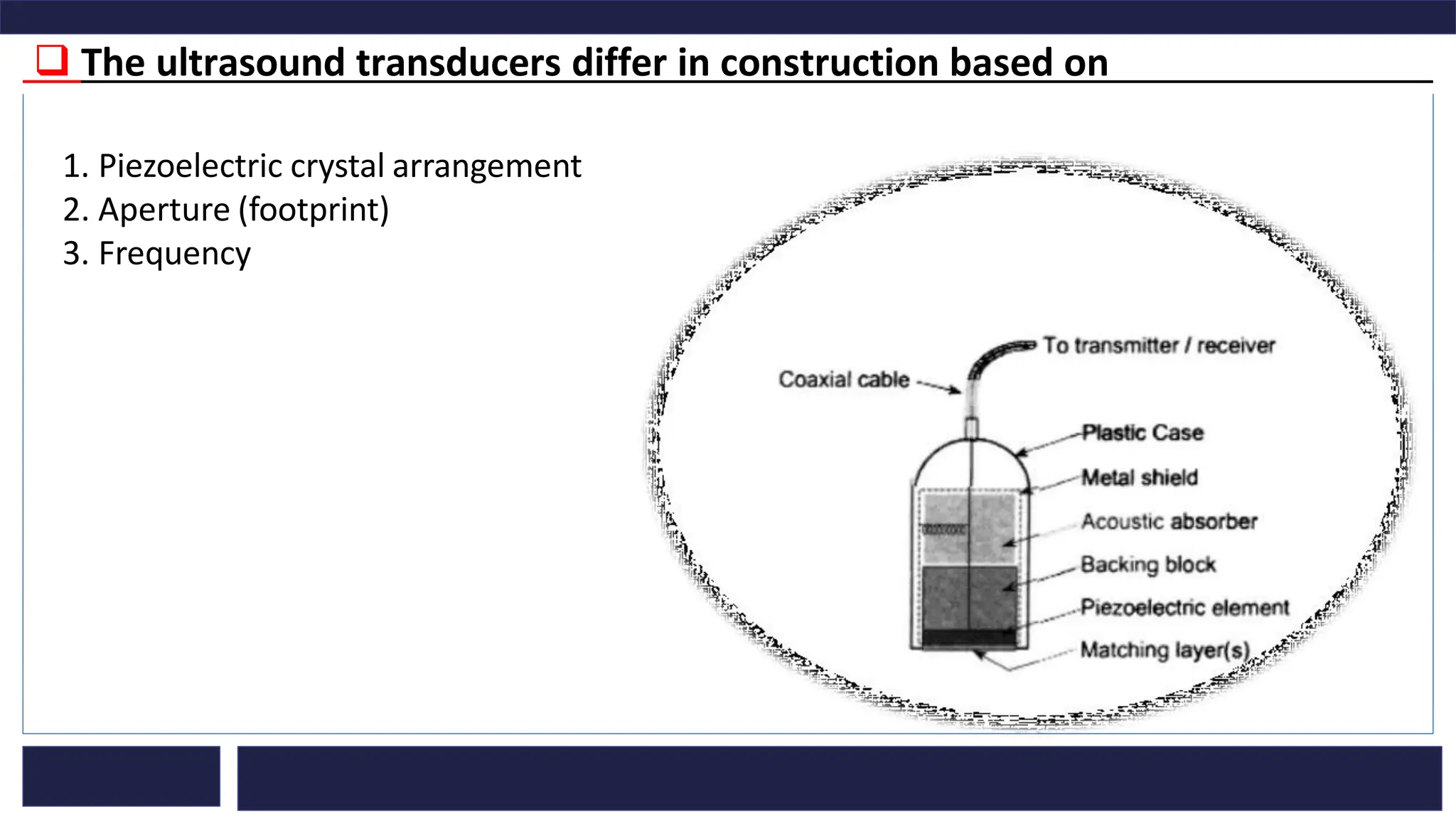 ❑ The ultrasound transducers differ in construction based on
1. Piezoelectric crystal arrangement
2. Aperture (footprint)
3. Frequency
 