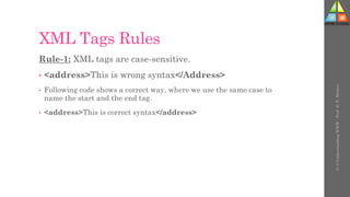 XML Tags Rules
Rule-1: XML tags are case-sensitive.
• <address>This is wrong syntax</Address>
• Following code shows a correct way, where we use the same case to
name the start and the end tag.
• <address>This is correct syntax</address>
U-3
Understanding
WWW
-
Prof.
D.
P.
Mishra
 