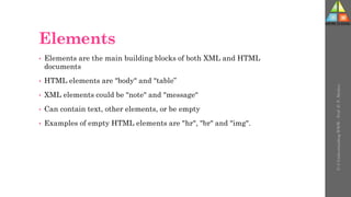 Elements
• Elements are the main building blocks of both XML and HTML
documents
• HTML elements are "body" and "table”
• XML elements could be "note" and "message“
• Can contain text, other elements, or be empty
• Examples of empty HTML elements are "hr", "br" and "img".
U-3
Understanding
WWW
-
Prof.
D.
P.
Mishra
 