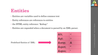 Entities
• Entities are variables used to define common text
• Entity references are references to entities
• the HTML entity reference: "&nbsp;"
• Entities are expanded when a document is parsed by an XML parser.
U-3
Understanding
WWW
-
Prof.
D.
P.
Mishra
< <
> >
&amp; &
" “
' ‘
Predefined Entities of XML:
 