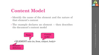 Content Model
U-3
Understanding
WWW
-
Prof.
D.
P.
Mishra
• Identify the name of the element and the nature of
that element’s content
• The example declares an element -- then describes
the document’s content model
<!ELEMENT note (to, from, subject, body)>
Name Content
model
Element
definition
 