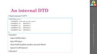 An internal DTD
U-3
Understanding
WWW
-
Prof.
D.
P.
Mishra
<invoice>
<sku>12345</sku>
<qty>55</qty>
<desc>Left handed monkey wrench</desc>
<price>14.95</price>
</invoice>
<!DOCTYPE invoice [
<!ELEMENT invoice (sku, qty, desc, price) >
<!ELEMENT sku (#PCDATA) >
<!ELEMENT qty (#PCDATA) >
<!ELEMENT desc (#PCDATA) >
<!ELEMENT price (#PCDATA) >
]>
<?xml version=“1.0”?>
 
