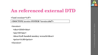 An referenced external DTD
U-3
Understanding
WWW
-
Prof.
D.
P.
Mishra
<?xml version=“1.0”>
<!DOCTYPE invoice SYSTEM “invoice.dtd”>
<invoice>
<sku>12345</sku>
<qty>55</qty>
<desc>Left handed monkey wrench</desc>
<price>14.95</price>
</invoice>
 