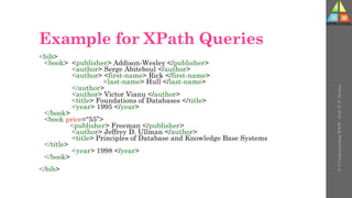 Example for XPath Queries
<bib>
<book> <publisher> Addison-Wesley </publisher>
<author> Serge Abiteboul </author>
<author> <first-name> Rick </first-name>
<last-name> Hull </last-name>
</author>
<author> Victor Vianu </author>
<title> Foundations of Databases </title>
<year> 1995 </year>
</book>
<book price=“55”>
<publisher> Freeman </publisher>
<author> Jeffrey D. Ullman </author>
<title> Principles of Database and Knowledge Base Systems
</title>
<year> 1998 </year>
</book>
</bib>
U-3
Understanding
WWW
-
Prof.
D.
P.
Mishra
 