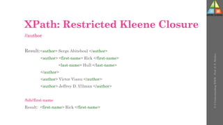 XPath: Restricted Kleene Closure
//author
Result:<author> Serge Abiteboul </author>
<author> <first-name> Rick </first-name>
<last-name> Hull </last-name>
</author>
<author> Victor Vianu </author>
<author> Jeffrey D. Ullman </author>
/bib//first-name
Result: <first-name> Rick </first-name>
U-3
Understanding
WWW
-
Prof.
D.
P.
Mishra
 