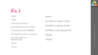Ex.1
<html>
<head>
<style type="text/css">
body {background-color: yellow}
h1 {background-color: #00ff00}
h2 {background-color: transparent}
p {background-color:
rgb(250,0,255)}
</style>
</head>
U-3
Understanding
WWW
-
Prof.
D.
P.
Mishra
<body>
<h1>This is header 1</h1>
<h2>This is header 2</h2>
<p>This is a paragraph</p>
</body>
</html>
 