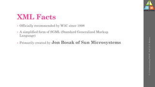 XML Facts
• Officially recommended by W3C since 1998
• A simplified form of SGML (Standard Generalized Markup
Language)
• Primarily created by Jon Bosak of Sun Microsystems
U-3
Understanding
WWW
-
Prof.
D.
P.
Mishra
 