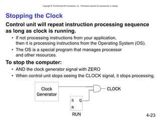 Copyright © The McGraw-Hill Companies, Inc. Permission required for reproduction or display.
4-23
Stopping the Clock
Control unit will repeat instruction processing sequence
as long as clock is running.
• If not processing instructions from your application,
then it is processing instructions from the Operating System (OS).
• The OS is a special program that manages processor
and other resources.
To stop the computer:
• AND the clock generator signal with ZERO
• When control unit stops seeing the CLOCK signal, it stops processing.
 
