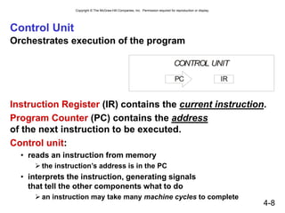 Copyright © The McGraw-Hill Companies, Inc. Permission required for reproduction or display.
4-8
Control Unit
Orchestrates execution of the program
Instruction Register (IR) contains the current instruction.
Program Counter (PC) contains the address
of the next instruction to be executed.
Control unit:
• reads an instruction from memory
 the instruction’s address is in the PC
• interprets the instruction, generating signals
that tell the other components what to do
 an instruction may take many machine cycles to complete
CONTROL UNIT
IR
PC
 