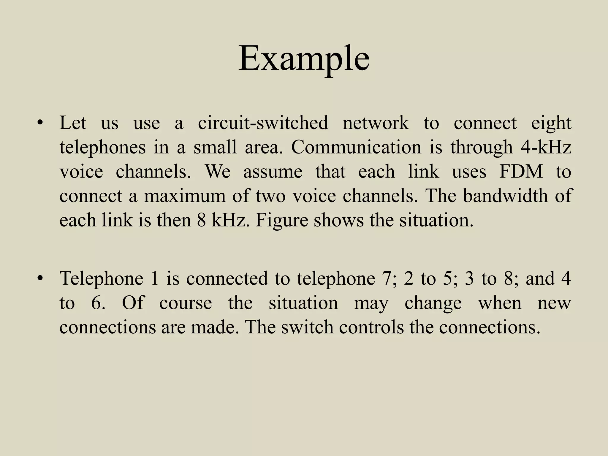 Example
• Let us use a circuit-switched network to connect eight
telephones in a small area. Communication is through 4-kHz
voice channels. We assume that each link uses FDM to
connect a maximum of two voice channels. The bandwidth of
each link is then 8 kHz. Figure shows the situation.
• Telephone 1 is connected to telephone 7; 2 to 5; 3 to 8; and 4
to 6. Of course the situation may change when new
connections are made. The switch controls the connections.
 