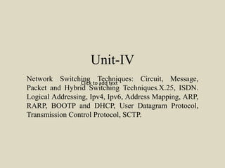 Unit-IV
Network Switching Techniques: Circuit, Message,
Packet and Hybrid Switching Techniques.X.25, ISDN.
Logical Addressing, Ipv4, Ipv6, Address Mapping, ARP,
RARP, BOOTP and DHCP, User Datagram Protocol,
Transmission Control Protocol, SCTP.
Click to add text
 