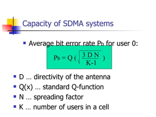 Capacity of SDMA systems <ul><li>Average bit error rate P b  for user 0: </li></ul>P b  = Q (  ) 3 D N K-1 <ul><li>D … dir...