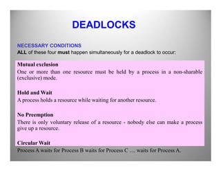 DEADLOCKS
NECESSARY CONDITIONS
ALL of these four must happen simultaneously for a deadlock to occur:
Mutual exclusion
One or more than one resource must be held by a process in a non-sharable
(exclusive) mode.
Hold and Wait
A process holds a resource while waiting for another resource.
No Preemption
There is only voluntary release of a resource - nobody else can make a process
give up a resource.
Circular Wait
Process A waits for Process B waits for Process C .... waits for Process A.
 