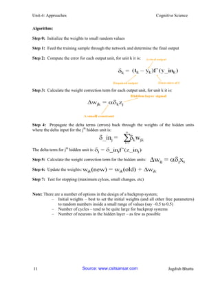 Unit-4: Approaches Cognitive Science 
11 Jagdish Bhatta 
Algorithm: 
Step 0: Initialize the weights to small random values 
Step 1: Feed the training sample through the network and determine the final output 
Step 2: Compute the error for each output unit, for unit k it is: 
Step 3: Calculate the weight correction term for each output unit, for unit k it is: 
Step 4: Propagate the delta terms (errors) back through the weights of the hidden units where the delta input for the jth hidden unit is: 
The delta term for jth hidden unit is: 
Step 5: Calculate the weight correction term for the hidden units: 
Step 6: Update the weights: 
Step 7: Test for stopping (maximum cylces, small changes, etc) 
Note: There are a number of options in the design of a backprop system; 
– Initial weights – best to set the initial weights (and all other free parameters) to random numbers inside a small range of values (say –0.5 to 0.5) 
– Number of cycles – tend to be quite large for backprop systems 
– Number of neurons in the hidden layer – as few as possible Source: www.csitsansar.com 
 