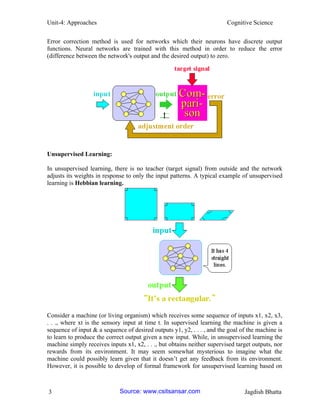 Unit-4: Approaches Cognitive Science 
3 Jagdish Bhatta 
Error correction method is used for networks which their neurons have discrete output functions. Neural networks are trained with this method in order to reduce the error (difference between the network's output and the desired output) to zero. 
Unsupervised Learning: 
In unsupervised learning, there is no teacher (target signal) from outside and the network adjusts its weights in response to only the input patterns. A typical example of unsupervised learning is Hebbian learning. 
Consider a machine (or living organism) which receives some sequence of inputs x1, x2, x3, . . ., where xt is the sensory input at time t. In supervised learning the machine is given a sequence of input & a sequence of desired outputs y1, y2, . . . , and the goal of the machine is to learn to produce the correct output given a new input. While, in unsupervised learning the machine simply receives inputs x1, x2, . . ., but obtains neither supervised target outputs, nor rewards from its environment. It may seem somewhat mysterious to imagine what the machine could possibly learn given that it doesn’t get any feedback from its environment. However, it is possible to develop of formal framework for unsupervised learning based on Source: www.csitsansar.com 
 