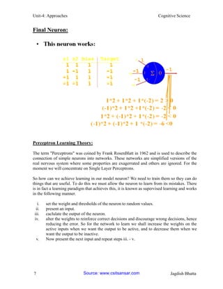 Unit-4: Approaches Cognitive Science 
7 Jagdish Bhatta 
Final Neuron: 
Perceptron Learning Theory: 
The term "Perceptrons" was coined by Frank RosenBlatt in 1962 and is used to describe the connection of simple neurons into networks. These networks are simplified versions of the real nervous system where some properties are exagerrated and others are ignored. For the moment we will concentrate on Single Layer Perceptrons. 
So how can we achieve learning in our model neuron? We need to train them so they can do things that are useful. To do this we must allow the neuron to learn from its mistakes. There is in fact a learning paradigm that achieves this, it is known as supervised learning and works in the following manner. 
i. set the weight and thresholds of the neuron to random values. 
ii. present an input. 
iii. caclulate the output of the neuron. 
iv. alter the weights to reinforce correct decisions and discourage wrong decisions, hence reducing the error. So for the network to learn we shall increase the weights on the active inputs when we want the output to be active, and to decrease them when we want the output to be inactive. 
v. Now present the next input and repeat steps iii. - v. 
Source: www.csitsansar.com 
 