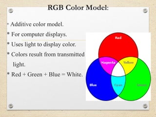 RGB Color Model:
* Additive color model.
* For computer displays.
* Uses light to display color.
* Colors result from transmitted
light.
* Red + Green + Blue = White.
 