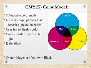 * Subtractive color model.
* Used in ink-jet plotters that
deposit pigment on paper.
* Uses ink to display color.
* Colors result from reflected
light.
* K for Black
* Cyan + Magenta + Yellow = Black.
8
CMY(K) Color Model:
 