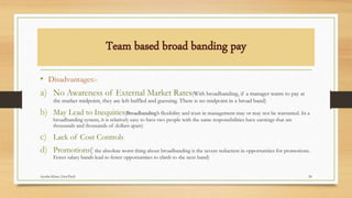 Team based broad banding pay
• Disadvantages:-
a) No Awareness of External Market Rates(With broadbanding, if a manager wants to pay at
the market midpoint, they are left baffled and guessing. There is no midpoint in a broad band)
b) May Lead to Inequities(Broadbanding’s flexibility and trust in management may or may not be warranted. In a
broadbanding system, it is relatively easy to have two people with the same responsibilities have earnings that are
thousands and thousands of dollars apart)
c) Lack of Cost Controls
d) Promotions( the absolute worst thing about broadbanding is the severe reduction in opportunities for promotions.
Fewer salary bands lead to fewer opportunities to climb to the next band)
26Ayesha Khan (Asst.Prof)
 