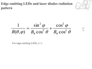 Edge emitting LEDs and laser diodes radiation
pattern




 LT
BBB cos
cos
cos
sin
),(
1
0
2
0
2

For edge emitting LEDs, L=1
[5-
3]
 