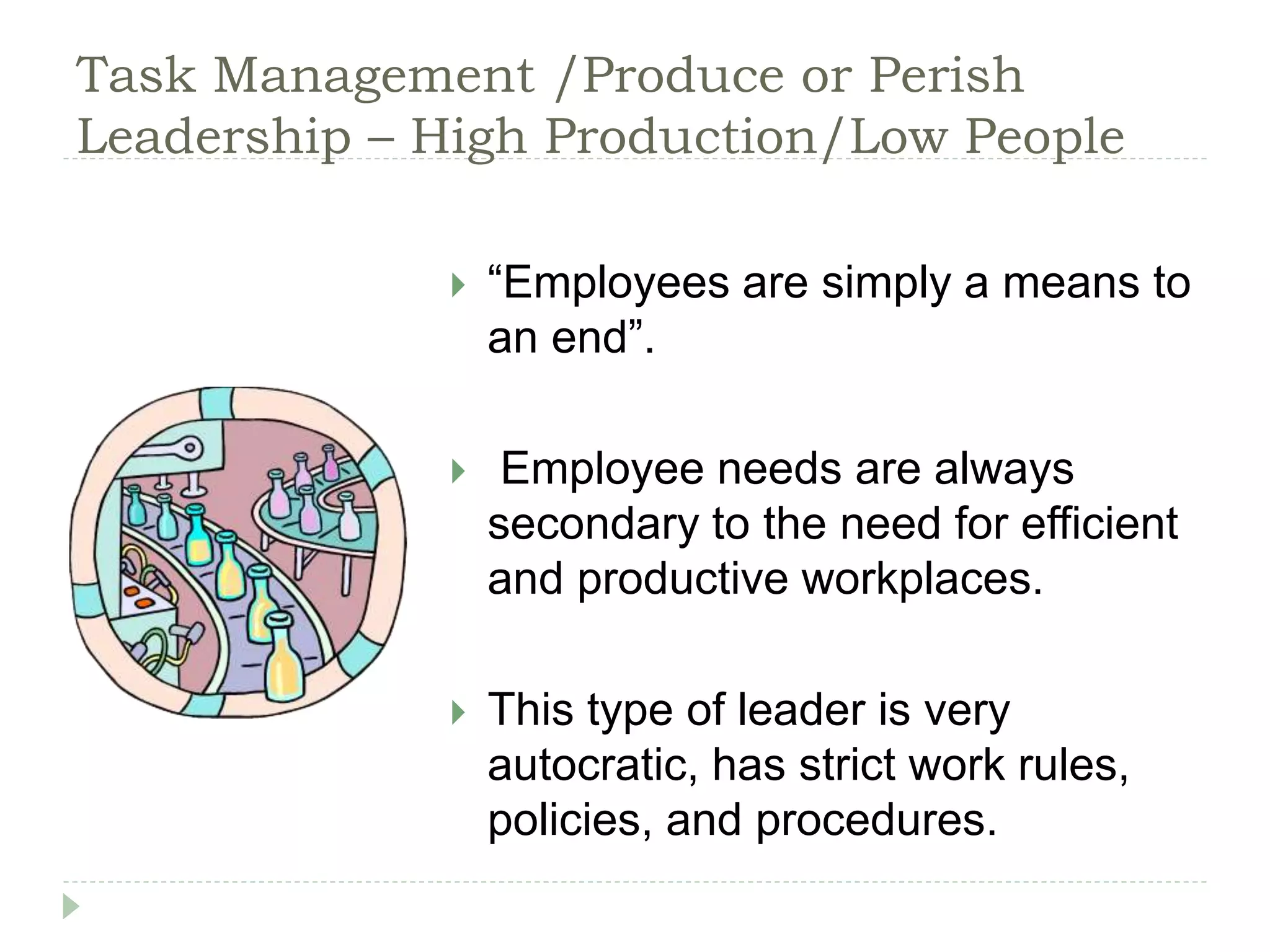 Task Management /Produce or Perish
Leadership – High Production/Low People
 “Employees are simply a means to
an end”.
 Employee needs are always
secondary to the need for efficient
and productive workplaces.
 This type of leader is very
autocratic, has strict work rules,
policies, and procedures.
 